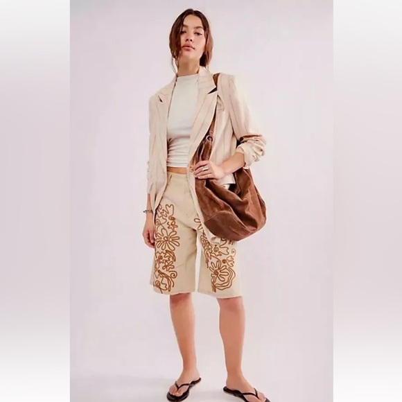 Free People We The Free Cruisin' Soutache Embellished Short Bermuda Ivory Khaki